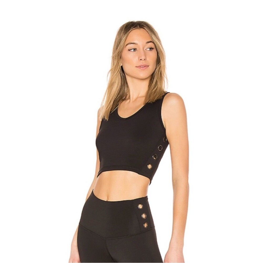 Black V-Neck Crop Tank with Side Eyelet Detail and Built in Sports Bra
